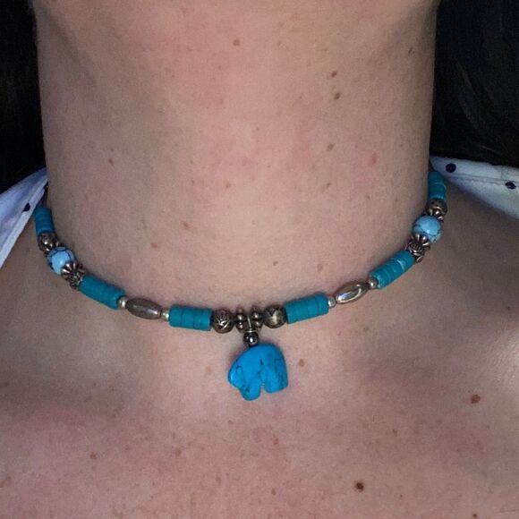 Sterling Silver Turquoise Bear Fetish Choker Necklace - Picture 8 of 8